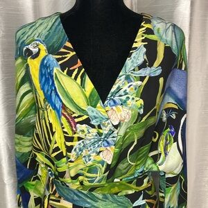 H&M Women’s Small Viscose Tropical Parrot Blue Green Belted Short Kaftan Dress